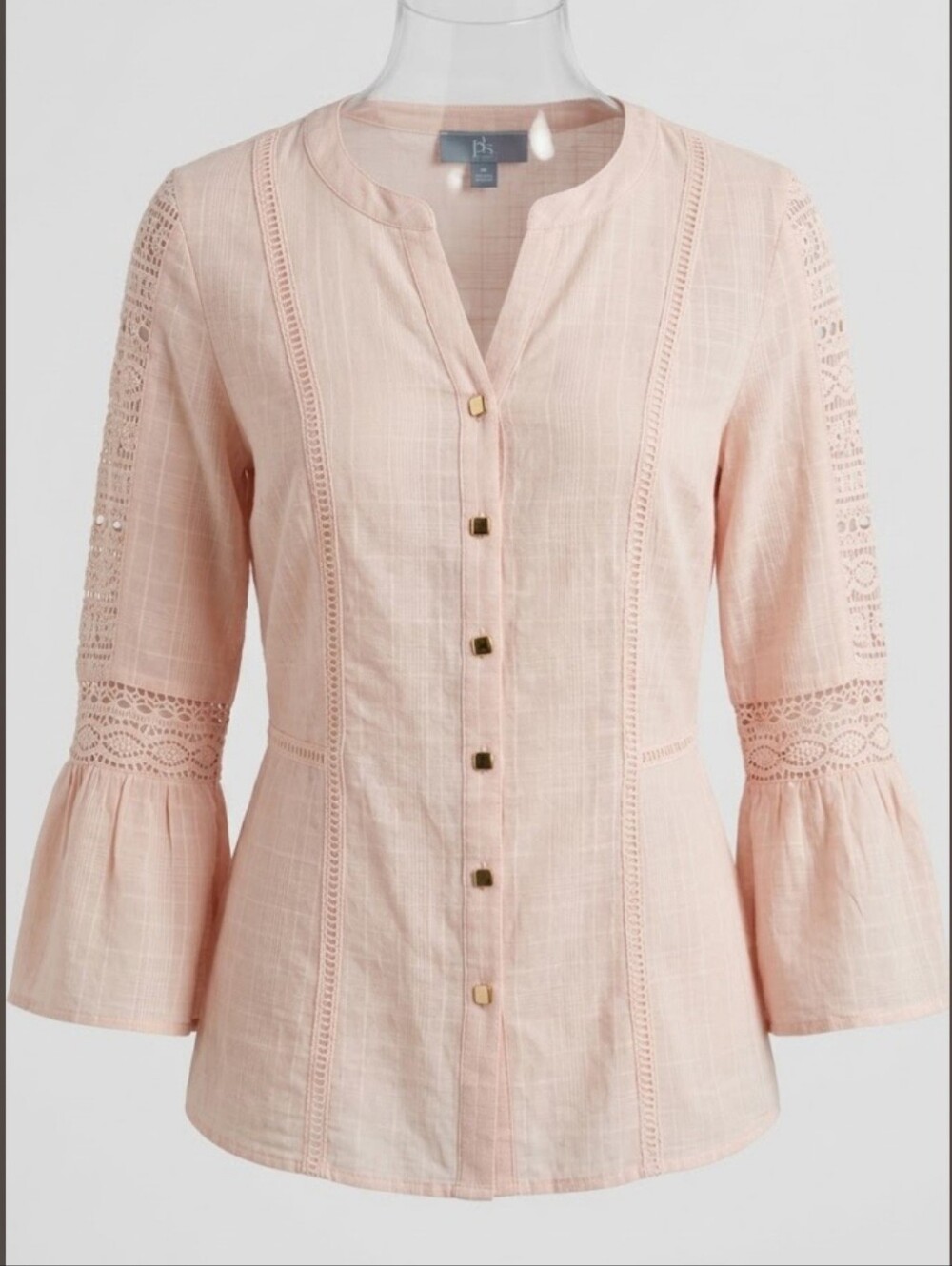 J.M. Collection Women's Size PM Peach Pink Crochet Accent Button Front Blouse